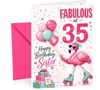 Sister 35th Birthday Card Flamingo on Roller Skates & Balloons | Large A5 Card with Printed Inside Message; Cheerful pink flamingo on roller skates for Sister 35th Birthday