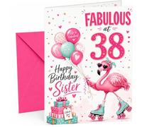 Sister 38th Birthday Card Fabulous Flamingo on Roller Skates | Large A5 Card with Printed Inside Message; Bright pink and teal for Sister 38th Birthday