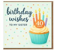 Sister 40th Birthday Card - Cupcake and Candles with Confetti - 'Birthday Wishes to My Sister' - 40 Today