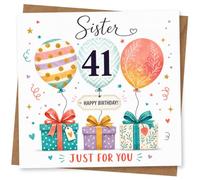 Sister 41st Birthday Card, Colourful Balloon and Gift Box Design, Just For You Birthday Greeting Card for Sister