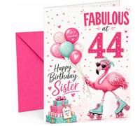 Sister 44th Birthday Card Fabulous Flamingo on Roller Skates | Large A5 Card with Printed Inside Message; Cheerful flamingo-on-roller-skates with “Fabulous at 44” for Sister 44th Birthday
