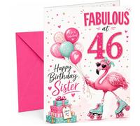 Sister 46th Birthday Card Fabulous Flamingo on Roller Skates | Large A5 Card with Printed Inside Message; Playful pink-and-teal for Sister 46th Birthday