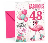 Sister 48th Birthday Card Flamingo on Roller Skates & Balloons | Large A5 Card with Printed Inside Message; Fun flamingo on roller skates with pastel balloons for Sister 48th Birthday