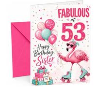 Sister 53rd Birthday Card Flamingo on Roller Skates & Balloons | Large A5 Card with Printed Inside Message; Playful pink-and-teal with a roller-skating flamingo for Sister 53rd Birthday