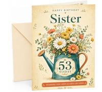 Sister 53rd Birthday Card Watering Can Wildflower Bouquet | Large A5 Card with Printed Inside Message; Vintage teal watering can filled for Sister 53rd Birthday