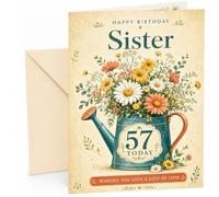 Sister 57th Birthday Card Floral Watering Can Bouquet | Large A5 Card with Printed Inside Message; Vintage teal watering can bouquet with bright daisies for Sister 57th Birthday