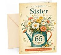 Sister 65th Birthday Card Floral Watering Can Bouquet | Large A5 Card with Printed Inside Message; Vintage teal watering can filled with daisies for Sister 65th Birthday
