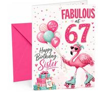 Sister 67th Birthday Card Flamingo on Roller Skates & Balloons | Large A5 Card with Printed Inside Message; Bright pink and teal flamingo-on-roller-skates for Sister 67th Birthday