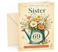 Sister 69th Birthday Card Floral Watering Can Bouquet | Large A5 Card with Printed Inside Message; Vintage teal watering can bouquet with wildflowers for Sister 69th Birthday