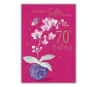 Sister 70th Birthday Card - Age 70 - Orchid Plant and Butterfly - Floral Design - Special Finishes and Illustrated Insert Leaf - Made in the UK - Eco-Friendly