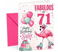 Sister 71st Birthday Card Flamingo on Roller Skates & Balloons | Large A5 Card with Printed Inside Message; Bright pink and teal flamingo in heart sunglasses for Sister 71st Birthday