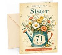 Sister 71st Birthday Card Floral Watering Can Bouquet | Large A5 Card with Printed Inside Message; Vintage teal watering can filled for Sister 71st Birthday