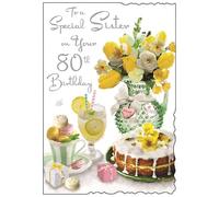 Sister 80th Birthday Card - Age 80 - Special Sister - Floral Bouquet and Cake Design - Special Finishes and Illustrated Insert Leaf - Made in the UK