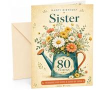 Sister 80th Birthday Card Floral Watering Can Bouquet | Large A5 Card with Printed Inside Message; Vintage-style teal watering can packed with daisies for Sister 80th Birthday