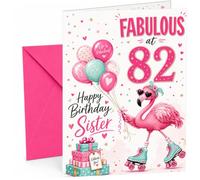 Sister 82nd Birthday Card Flamingo on Roller Skates & Balloons | Large A5 Card with Printed Inside Message; Bright pink and teal flamingo on roller skates for Sister 82nd Birthday