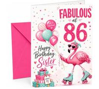 Sister 86th Birthday Card Fabulous Flamingo on Roller Skates | Large A5 Card with Printed Inside Message; Cheerful pink flamingo on roller skates for Sister 86th Birthday