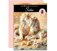 Sister 8th Birthday Card - Magical Unicorns Design - Happy Birthday Card for Age 8 Sister. A5 with Pink Envelope - Designed and Printed in the UK