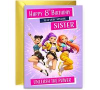 Sister 8th Birthday K-Pop Girls Birthday Card, Kpop Colourful Popstar Unleash the Power Design, Verse Inside for Girl 8th Birthdays 8th Sister, A5 Size Card with Gold Envelope