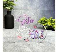 Sister 90th Birthday Present Purple Chamomile Floral Heart Plaque Keepsake Gift - Small Gifts For Him For Her, Present, Acrylic Plaque, Unqiue Gift, Ornament, Décor, Plaque, trinket, Keepsake Gift