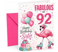 Sister 92nd Birthday Card Fabulous Flamingo on Roller Skates | Large A5 Card with Printed Inside Message; Cheerful pink-and-teal flamingo with heart sunglasses for Sister 92nd Birthday