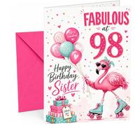 Sister 98th Birthday Card Fabulous Flamingo on Roller Skates | Large A5 Card with Printed Inside Message; Cheerful pink flamingo on roller skates for Sister 98th Birthday