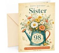 Sister 98th Birthday Card Watering Can Wildflower Bouquet | Large A5 Card with Printed Inside Message; Vintage teal watering can filled with wildflowers for Sister 98th Birthday