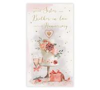 Sister and Brother-in-Law Anniversary Card - Cake and Champagne - Floral Design - Special Finishes and Illustrated Insert Leaf - Made in the UK - Eco-Friendly