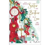 Sister and Brother-in-Law Christmas Card - Dalmatian Dog and Festive Staircase - Contemporary Artistic Design - Special Finishes and Illustrated Insert Leaf - Made in the UK