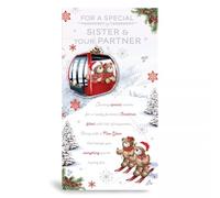 Sister and Partner Christmas Card, Festive Holiday Greeting Card with Teddy Bears and Cable Car Design, 12 x 22 cm