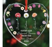 Sister are Different Flowers from The Same Garden Heart Glass Ornament 2025, Personalized Birth Month Flower Christmas Ornament Gifts for Sisters Sibling Bestie BFF, Custom Names Friendship Ornaments