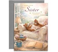 Sister Birthday Card - Cute Kittens and Knitting Design - Traditional Birthday Card for Women - A5 Size Card with Grey Envelope
