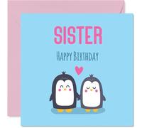 Sister Birthday Card - Cute Penguins - Happy Birthday Card for Sister from Brother Sibling, 145mm kawaii animal design Bday Greeting Cards