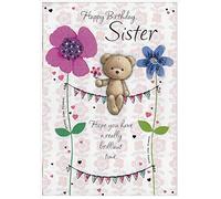 Sister Birthday Card - Cute Teddy Flowers - 7.5" x 5.25" 10006