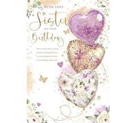 Sister Birthday Card - Elegant Heart Balloons & Floral Design - With Printed Verse - Soft Purple & Silver Theme