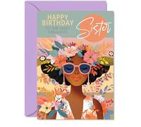 Sister Birthday Card - Fabulous Floral Afro Queen Design - Tropical Flowers - Stylish Colourful Greeting for Sister - 5x7 Inches with Envelope - Modern Card for Her