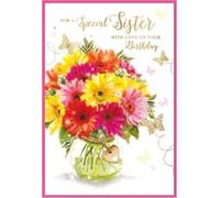 Sister Birthday Card - Flowers Bouquet Female Her Adult - Size: 19,5cm X 13.5cm (7.5" x 5.25")