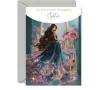 Sister Birthday Card - Glamorous Beauty Fashion - Happy Birthday Card for Sister from Brother Sibling, A5 Sparkly Dress Bday Greeting Cards