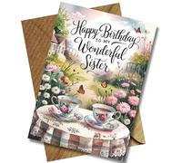 Sister Birthday Card -Large A5 Size Hand-Painted Garden Scene with Two Cups of Tea - “Happy Birthday to My Wonderful Sister” - Blank Inside - Kraft Envelope & Cello Wrapped Size 14.85 cm x 21cm
