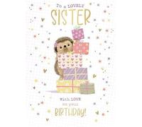 Sister Birthday Card, Lovely Sister, Hedgehog with Presents Design, Special Finish, Made in the UK