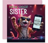 Sister Birthday Card - Party DJ Cat - Happy Birthday Card for Sister from Brother Sibling, 145mm deejay cat Bday Greeting Cards