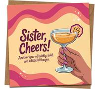 Sister Birthday Card - Sister, Cheers! Funny Cocktail Greeting - 145mm x 145mm Square - Boujee Bubbly Design - Includes Kraft Envelope - For Her, Sis, Women, Celebration Gift