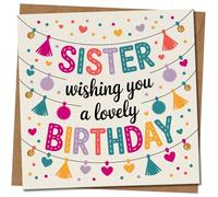 Sister Birthday Card - Wishing You a Lovely Birthday - Cute Colourful Bunting & Hearts Design - Square Greeting Card for Sister, 145mm x 145mm Square, Includes Kraft Envelope