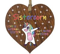Sister Birthday Gift for Her - Sistercorn - Wooden Heart Plaques, Dark Wood Sign Keepsake, Funny Sister Happy Birthday Plaque Sister Gifts Unicorn Awesome Sister Present from Brother Step Sister