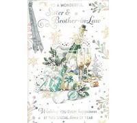 Sister & Brother-in-Law Christmas Card - Large 24 x 16 cm - Luxury Foil with Attached Silver Ribbon - “To a Wonderful Sister & Brother-in-Law” - Champagne & Presents Design - Elegant Festive Greeting