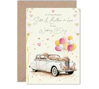 Sister & Brother in Law Wedding Card - Vintage Car - Happy Wedding Card from Brother Sibling, 5x7 Inch Marriage Congrats Well Done Greeting Cards