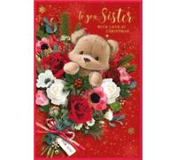 Sister Christmas Card - Cute Brown Bear with Flowers and Gold Foil 7.5x5.25"
