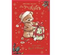 Sister Christmas Card - Santa Bear Wrapping Gift 7.5x5.25 | Gold Foil, Red Envelope, Printed Colour Design Inside