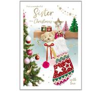 Sister Christmas Card - Special Finishes - Teddy Bear and Stocking - Artistic Festive Design - Illustrated Insert Leaf - Made in the UK - Eco-Friendly