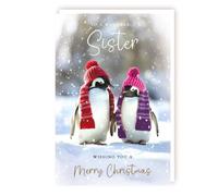 Sister Christmas Card - Wonderful Sister - Penguins in Hats - Festive Design - Made in the UK - Eco-Friendly