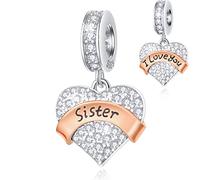 Sister Dangle Charms, fits Pandora Sister's Love Bracelet, 925 Sterling Silver Pave Heart CZ I Love You Pendant Bead with Rose Gold Banner, Gift for Girl/Sister in Law/Big Little Sis